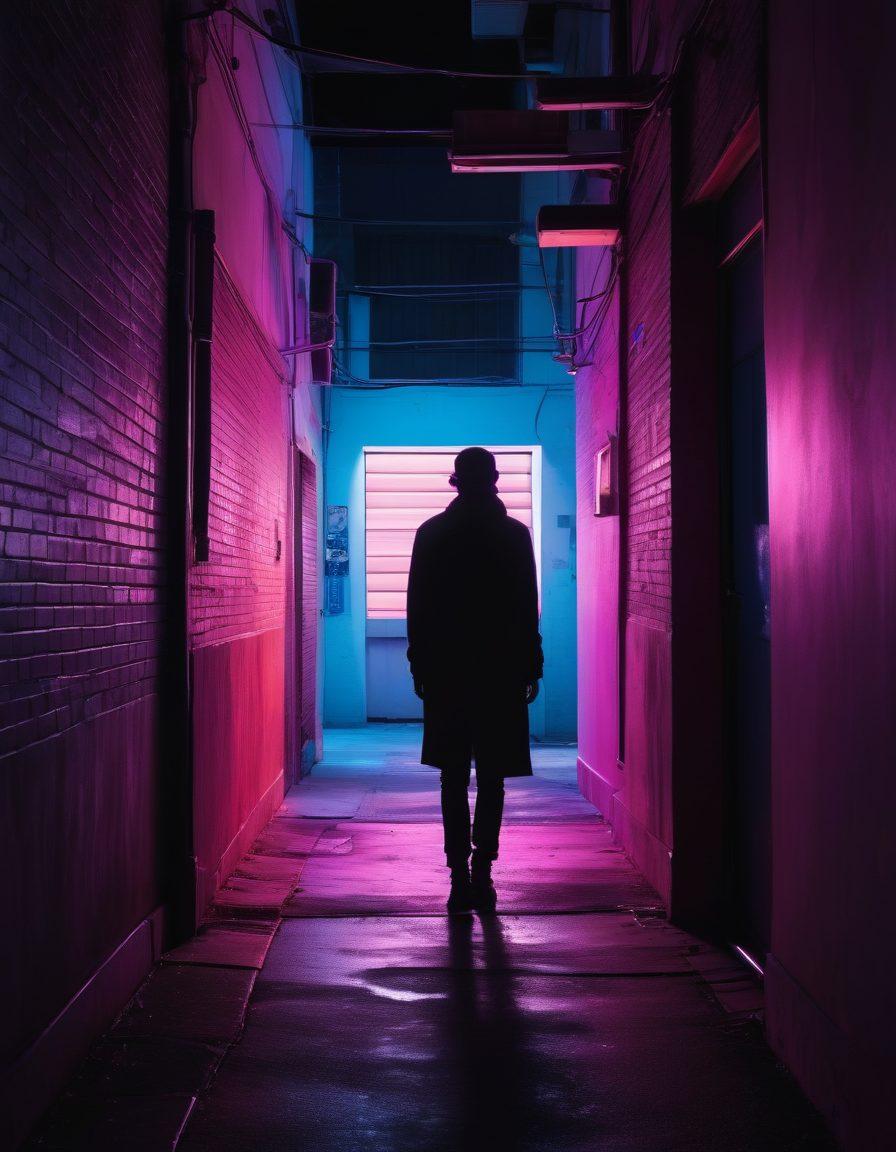 A mysterious alleyway illuminated by neon lights, where shadows create silhouettes that evoke themes of consent and awareness. A figure standing at the entrance representing a cautious observer, surrounded by ghostly images of social media icons and blindfolds, symbolizing the importance of consent in the digital age. Dark yet vibrant colors that convey depth and uncertainty. stark contrast between light and shadow to emphasize critical exploration. cyberpunk aesthetic.