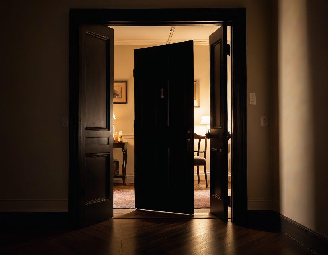 A visually striking open door revealing a blurred world behind it, symbolizing secrecy, with soft candlelight illuminating the doorway. Include thoughtful silhouettes of diverse people engaging in meaningful conversation, representing ethics and sexuality. The background should suggest an intimate yet ambiguous setting, merging light and shadows artistically. surreal style. vibrant colors.