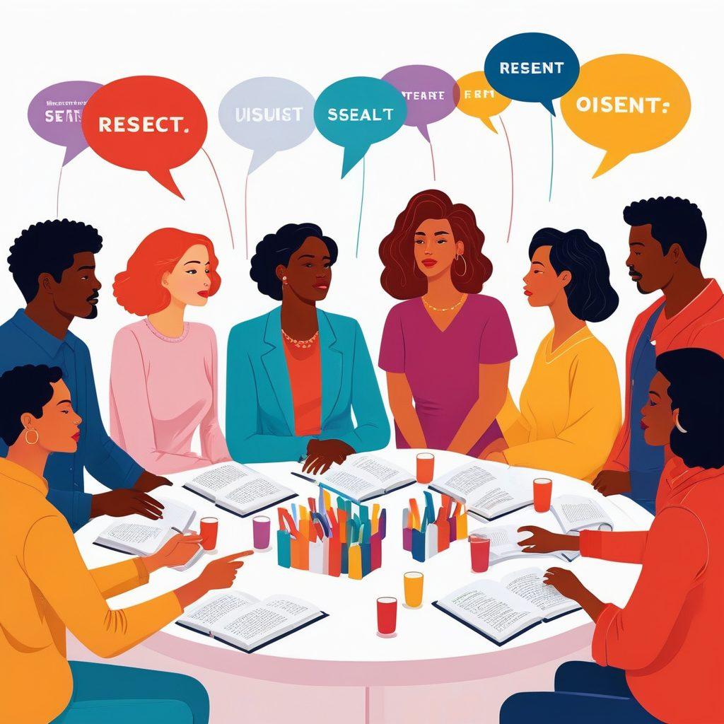 A symbolic illustration showcasing diverse individuals engaged in a meaningful discussion about sexual consent. The background features a blend of adult entertainment icons and symbols of empowerment, such as raised fists and open books. Vibrant colors highlight the contrast between awareness and ignorance, creating a striking visual narrative. Include elements like speech bubbles conveying phrases about consent and respect. modern art. vibrant colors. white background.